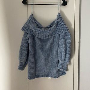 Pink Rose Foldover Off-Shoulder Blue Sweater